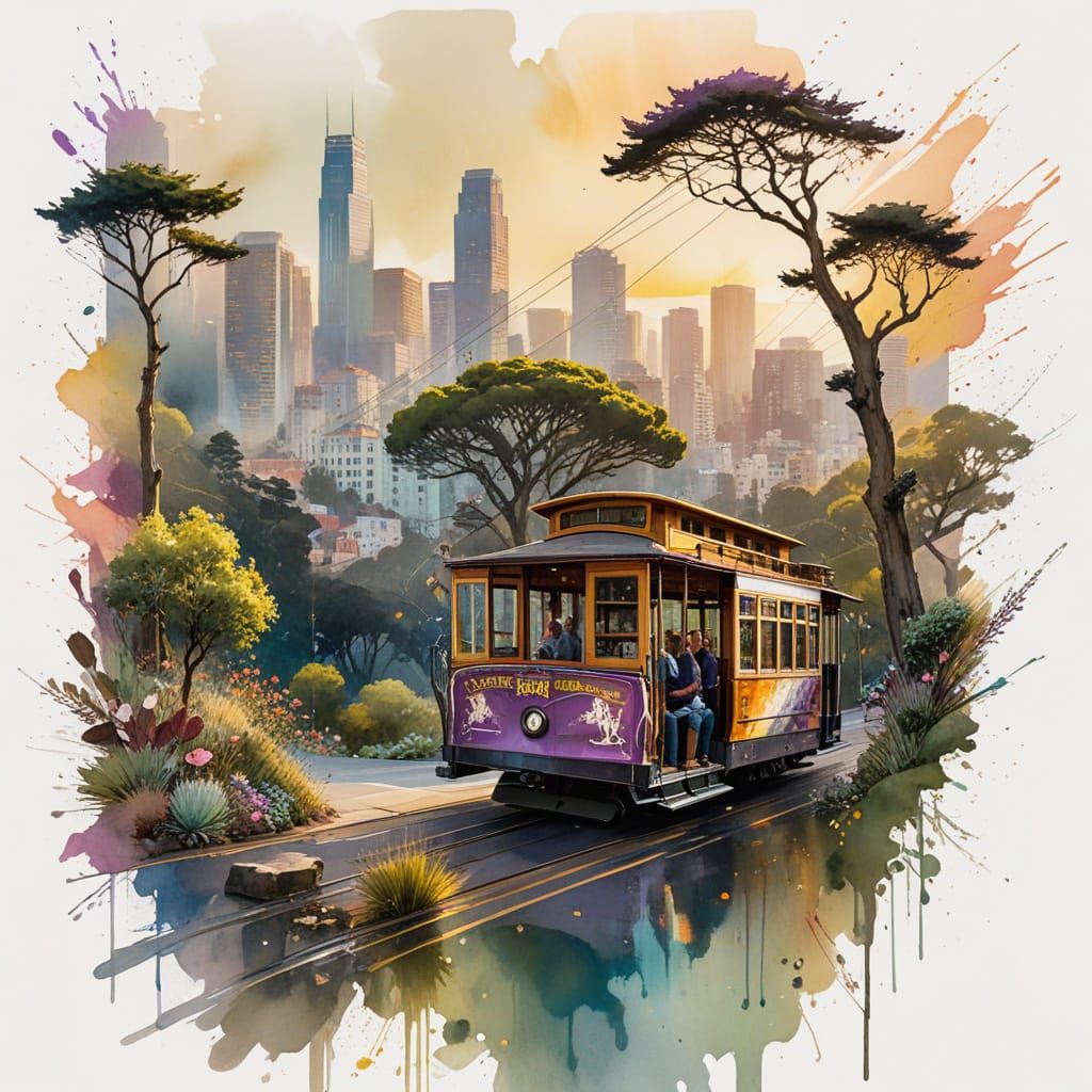 Vibrant Sunset Street Scene in Whimsical Urban Style