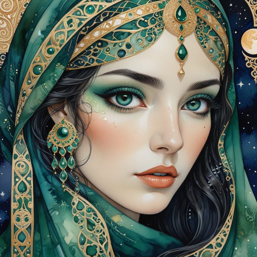 Moroccan Beauty with Emerald Eyes, Art Nouveau Watercolor