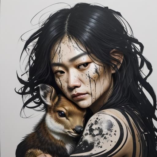 Expressionist Portrait: Woman Cradling Deer in Ink