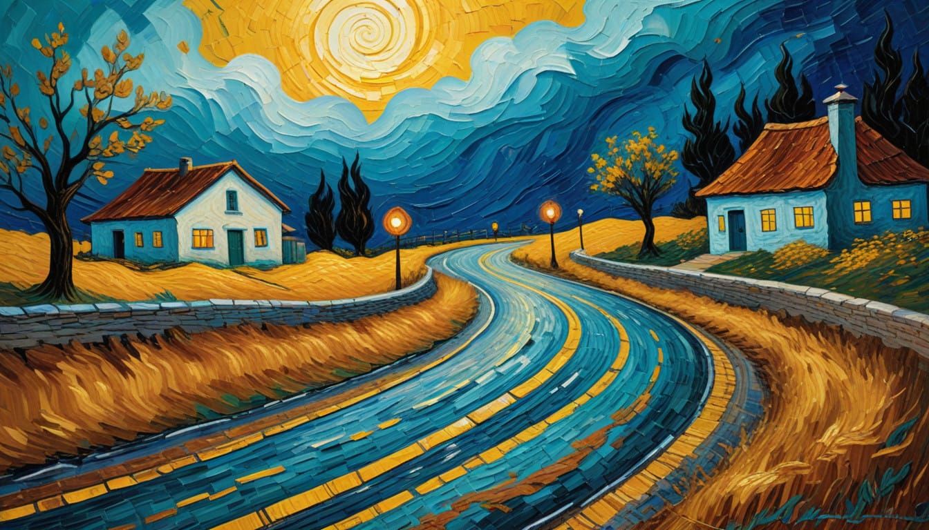 Vibrant Winding Road Oil Painting in Van Gogh Style