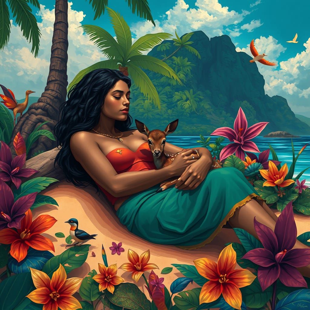 Island Goddess with Fawn in Tropical Paradise
