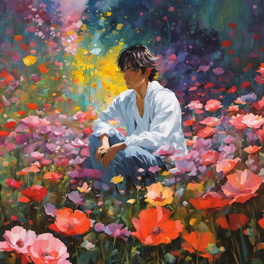 Man in Flower Field Inspired by Alphonse Mucha