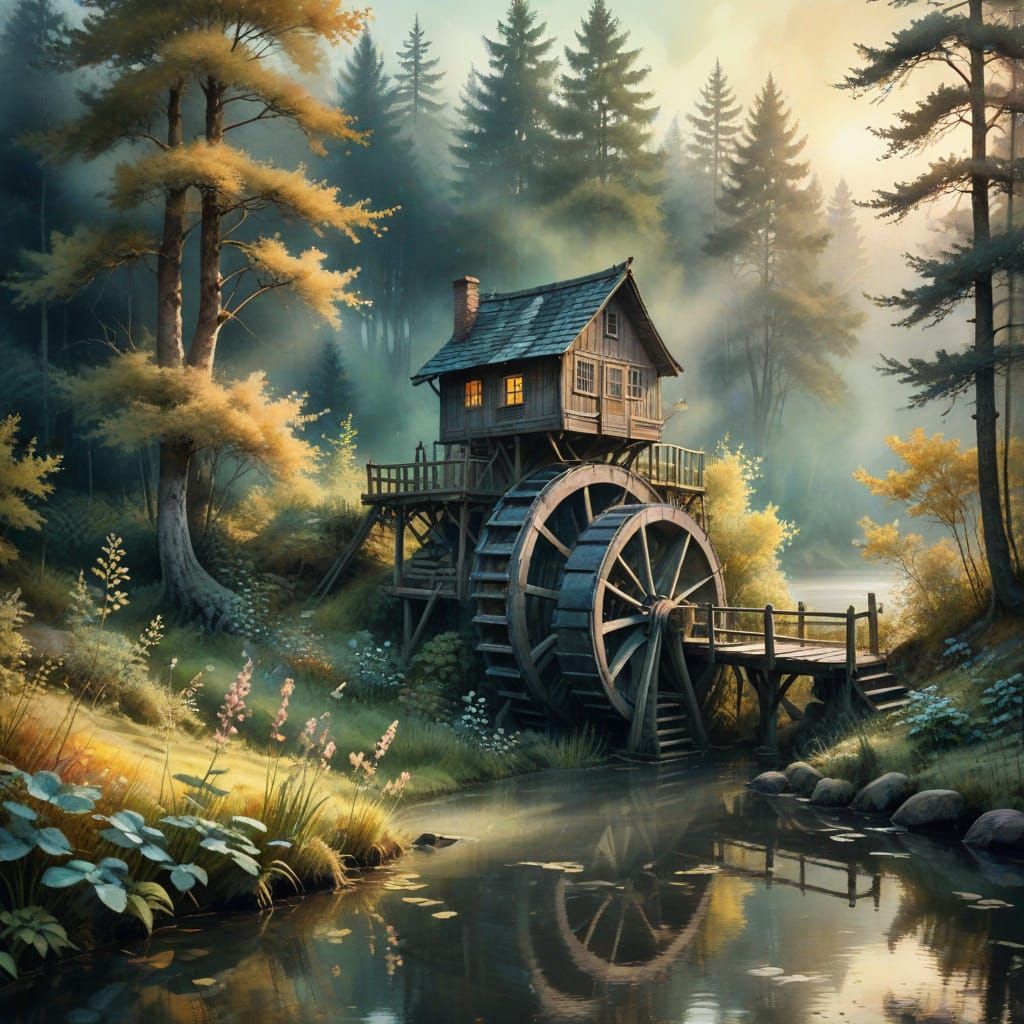 Ethereal Waterwheel Scene in Whimsical Ink Watercolour Style