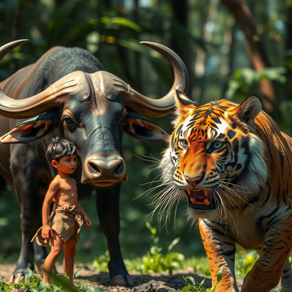 Mowgli Rides Buffalo Confronting Tiger: Digital Art