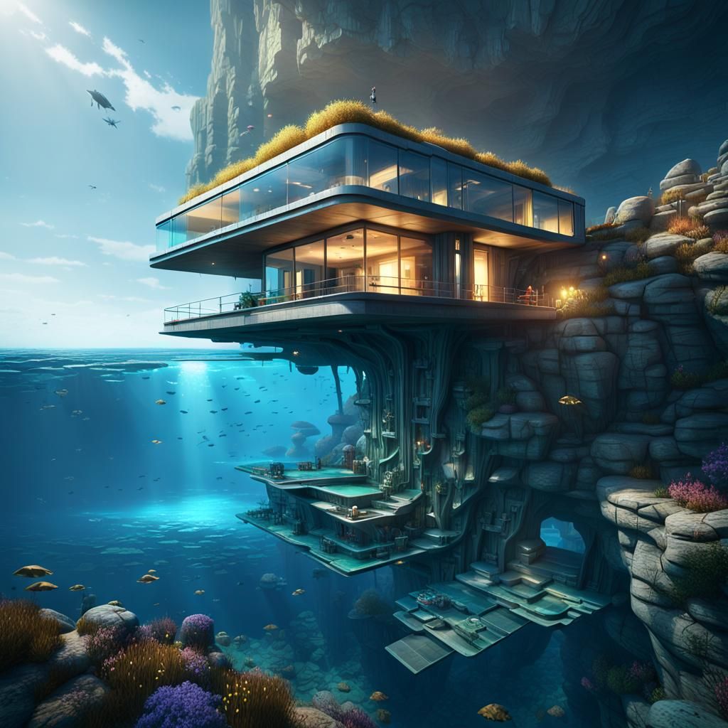 Underwater Cliff House: Dark Fantasy Concept Art