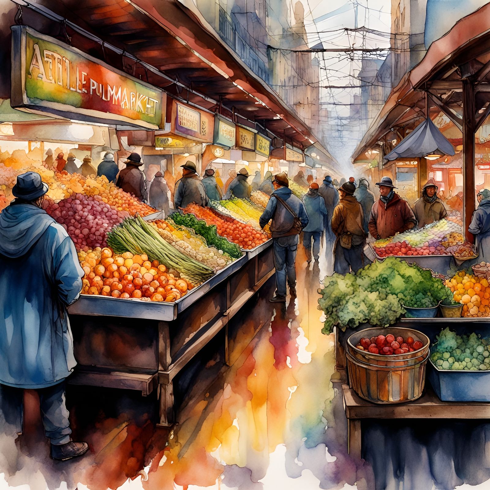 Seattle Public Market in Watercolor Ink Illustration
