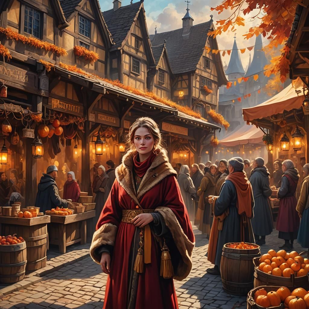 Autumn Cider Festival in Medieval Town: Oil Painting