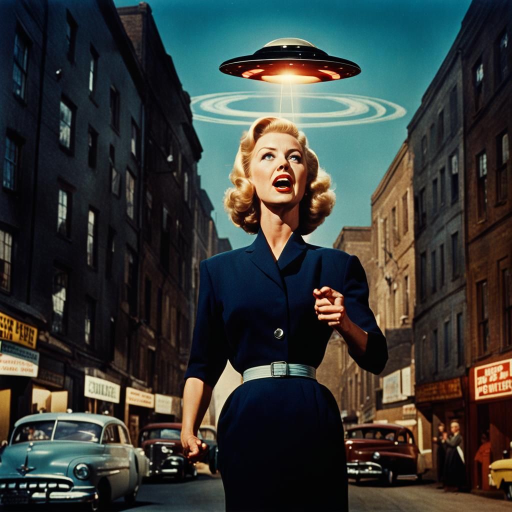 Scene from a poorly made 1950s B-movie sci-fi, featuring a UFO with a hypno-beam.