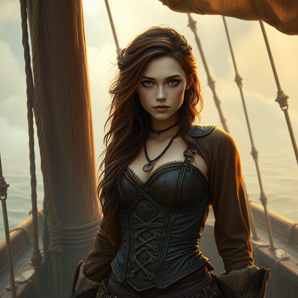 Mysterious Pirate Woman on Ship in Ethereal Mist