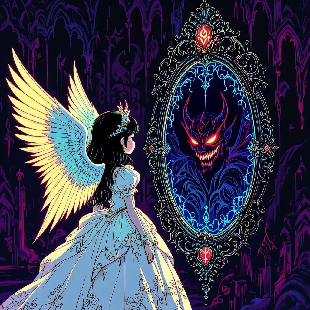 Angel Girl and Demon Reflection in Anime Style
