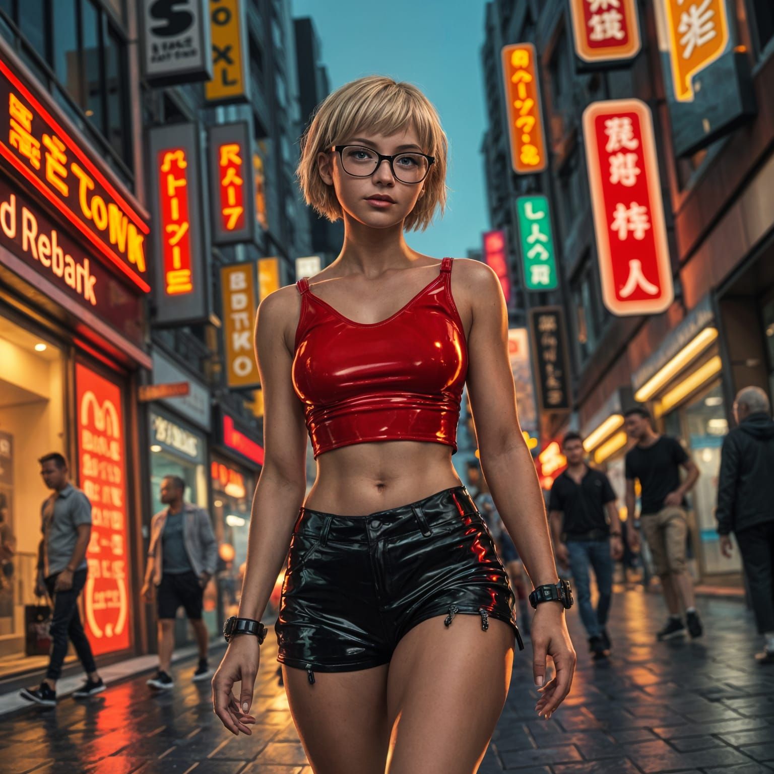 Cyberpunk Girl Struts Through Neon City Streets