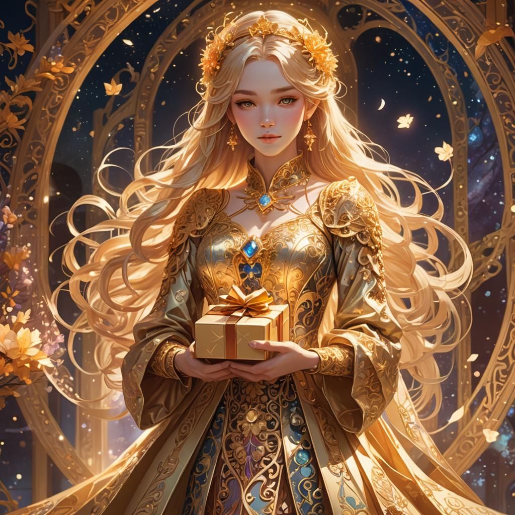 Beautiful Sister Holding Gift in Fantasy Anime Style