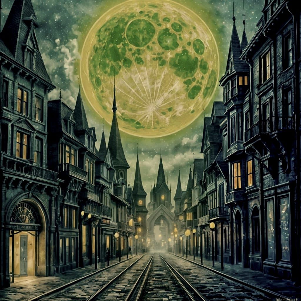 Enchanted Town Under Green Moon: Ink and Watercolor Fantasy