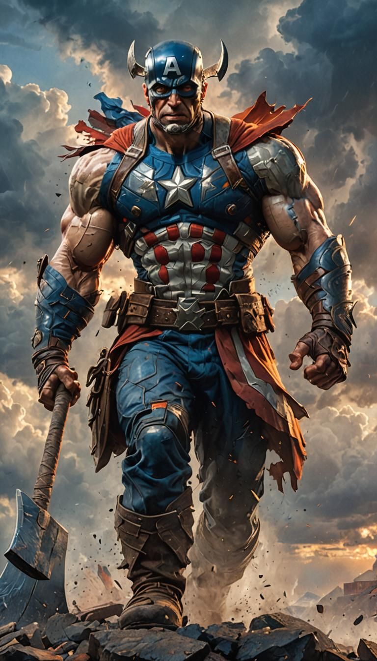 Hyperrealistic Captain America Warrior in Triumphant Pose