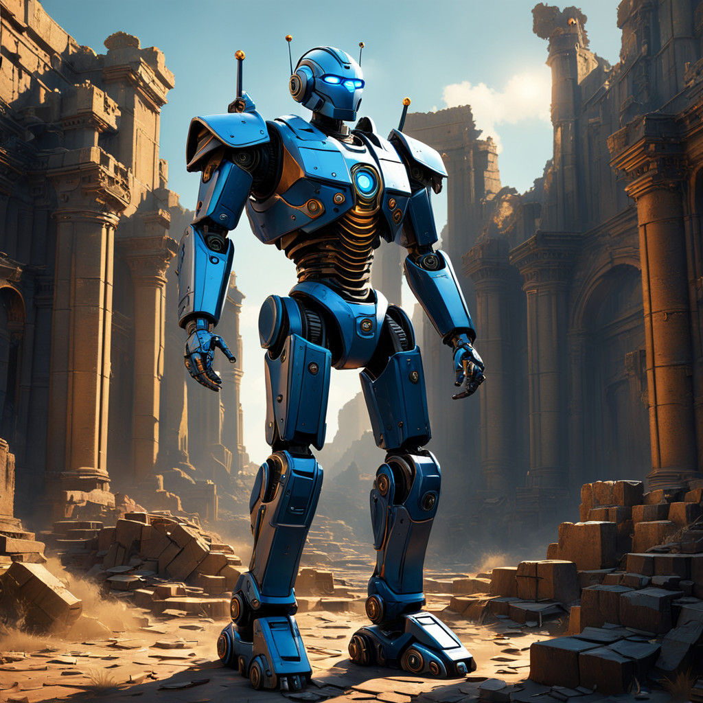 Ancient Ruins Robot in Earthy Tones with Vibrant Accents