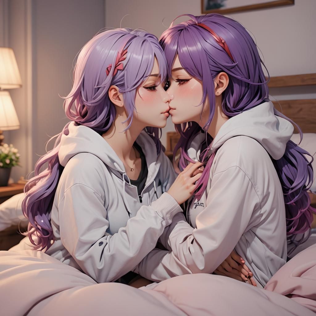 Romantic Lesbian Kiss in Bed: 3D Anime Art