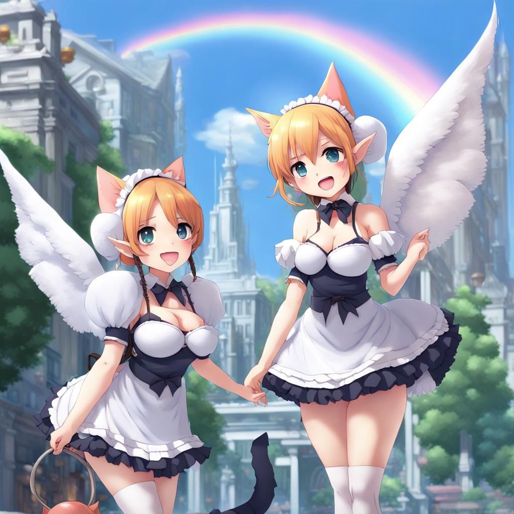 Anime Style Elf Maids with Wings and Cat Tails