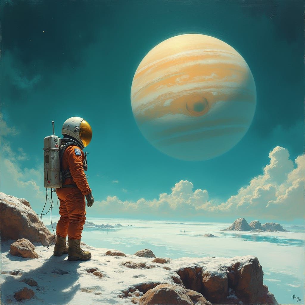 Astronaut Contemplates Jupiter's Turquoise Swirling Clouds i...