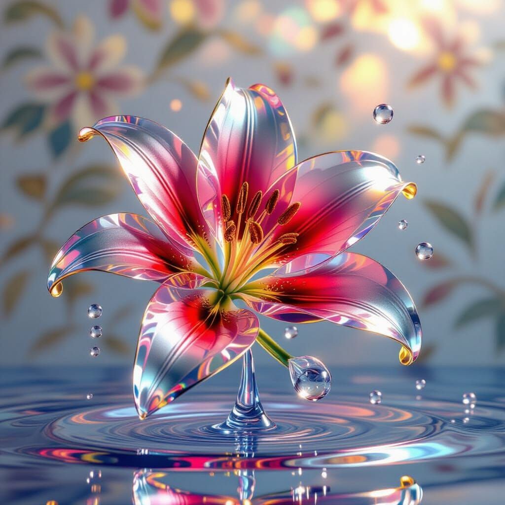 Abstract 3D Glass Lily Flower with Rainbow Refraction