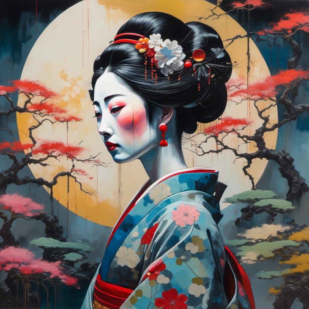 Melancholic Geisha Gazing at Moon in Japanese Garden