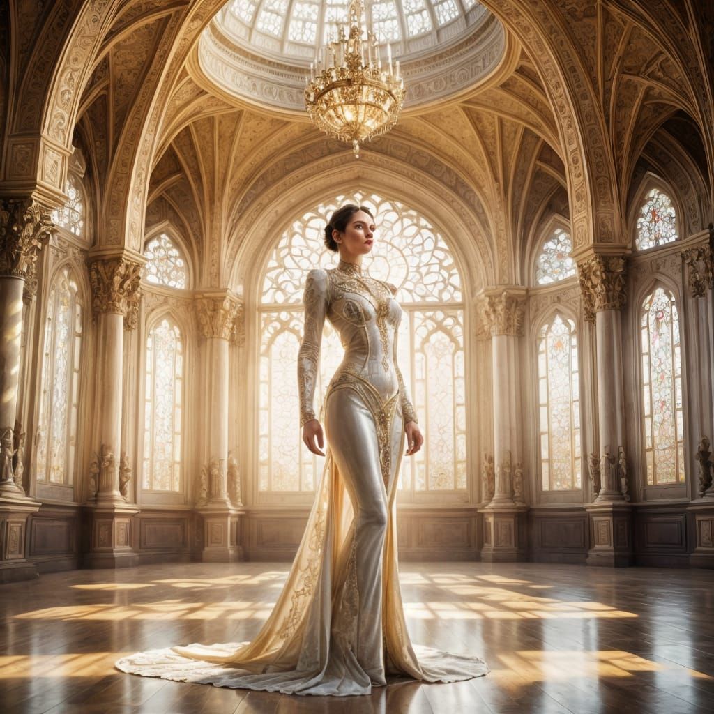 Elegant Android in Opulent Royal Hall with Gothic Light