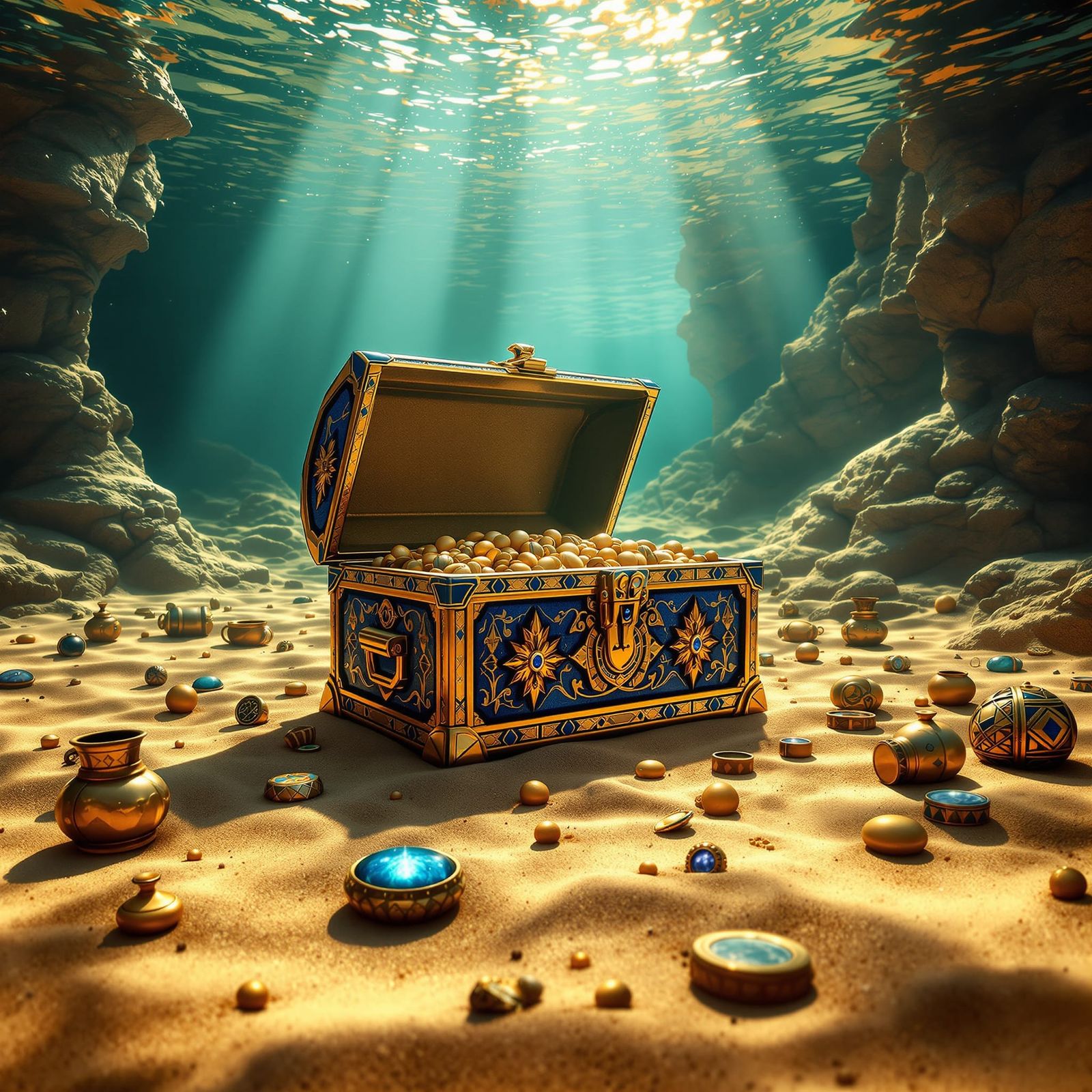 Sunlit Nile Treasure Chest with Egyptian Artifacts
