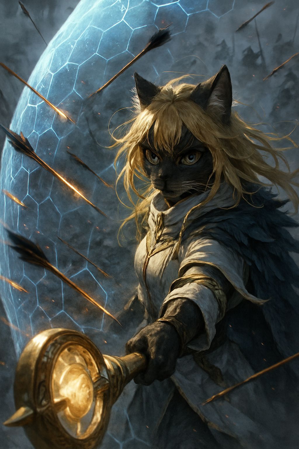 Anime Realism Cat Warrior on Gloomy Battlefield