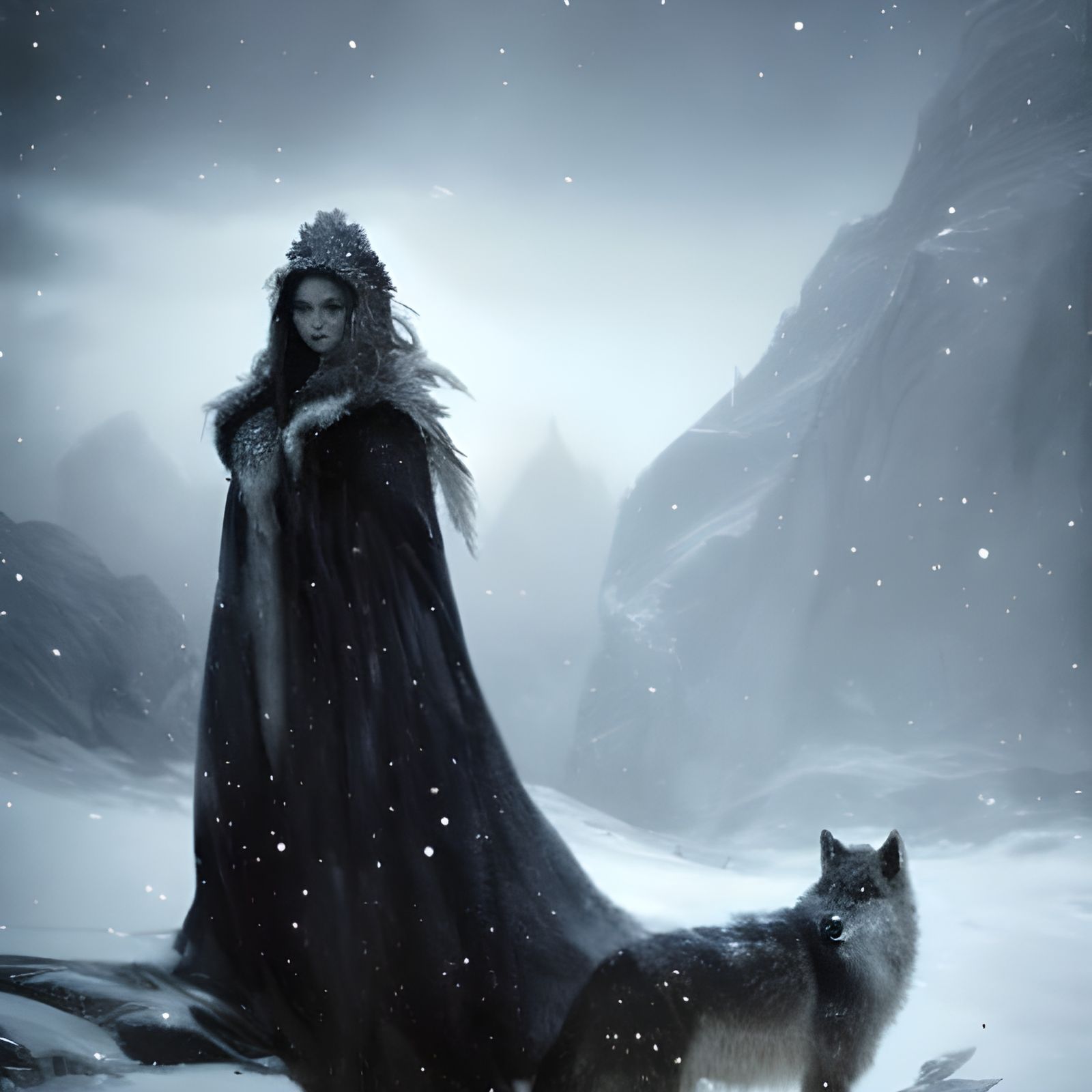 Snow Queen with Wolf Companion, Sinister Portrait