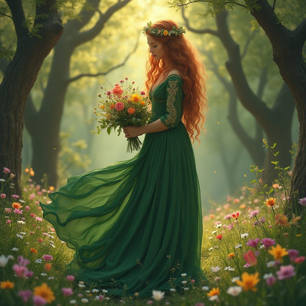 Celtic Goddess of Fertility in Emerald Green Gown
