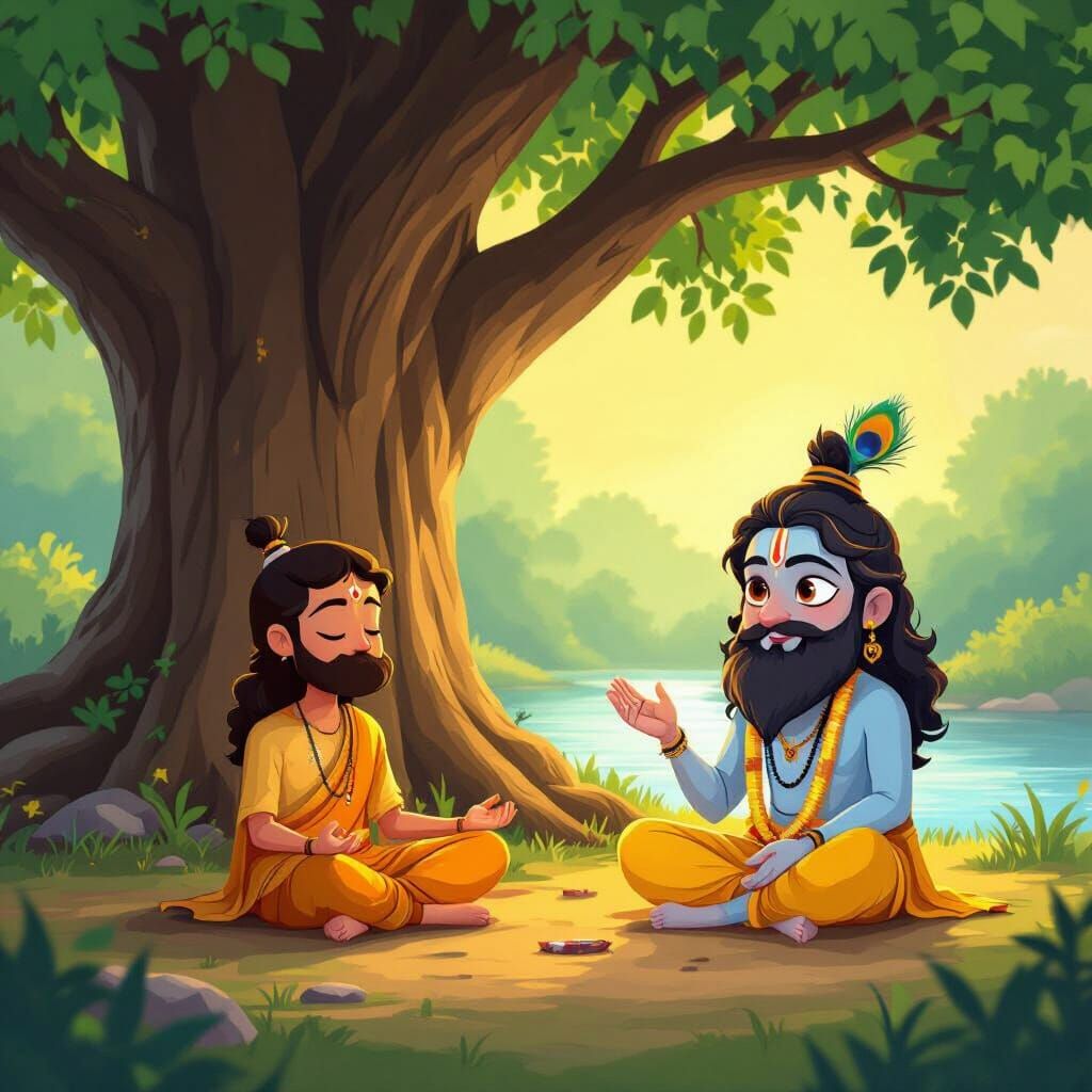 Spiritual Cartoon Thumbnail: Devotee Meditating Near Krishna