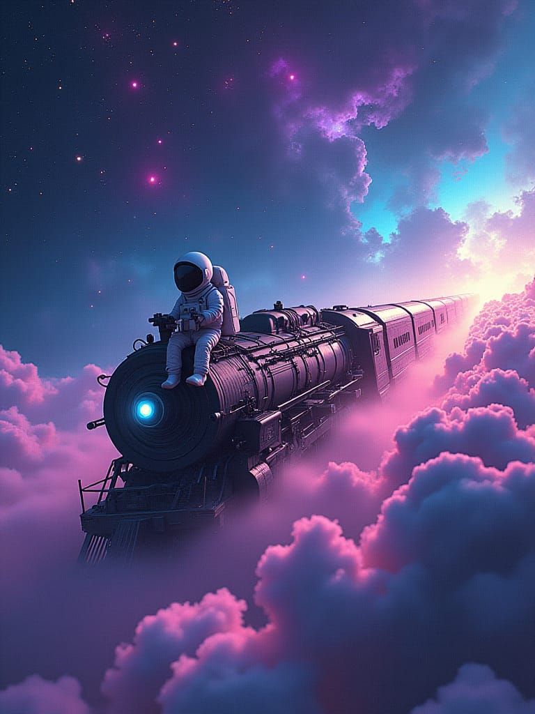 Astronaut on Cosmic Train in Surreal Style