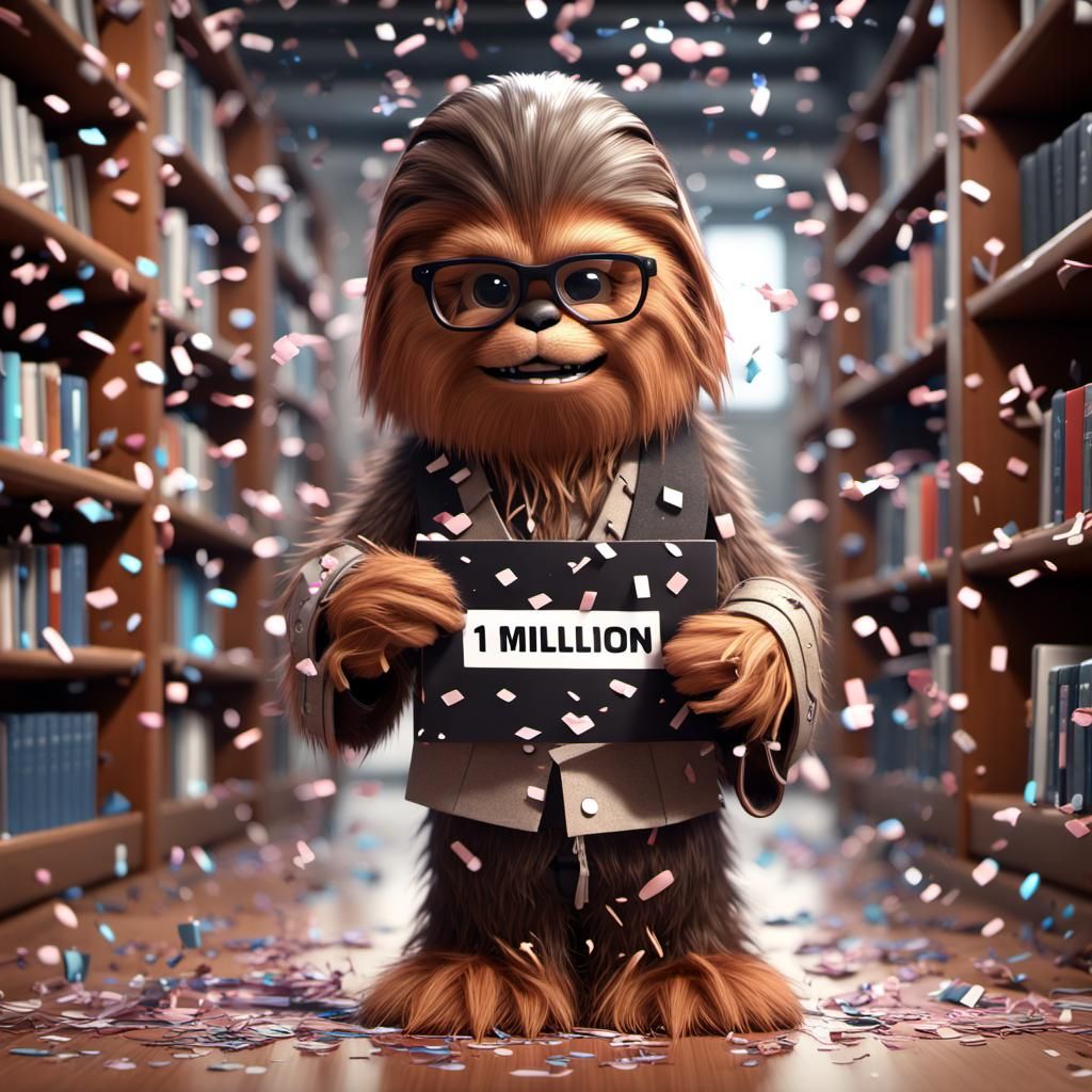 Cute Nerd Wookiee Celebrates Milestone in Library