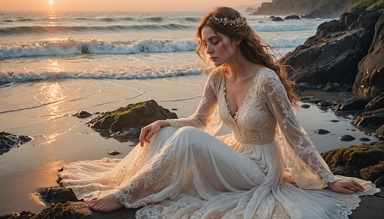 Dreamy Woman on Misty Beach in Waterhouse Style