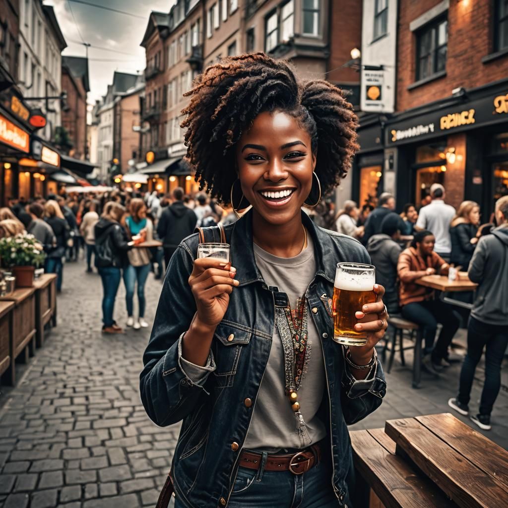 Happy Black Girl with Beer in Urban City