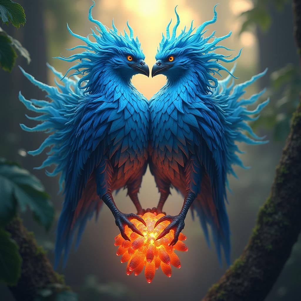 Two-Headed Bird in Mystical Glowing Jungle