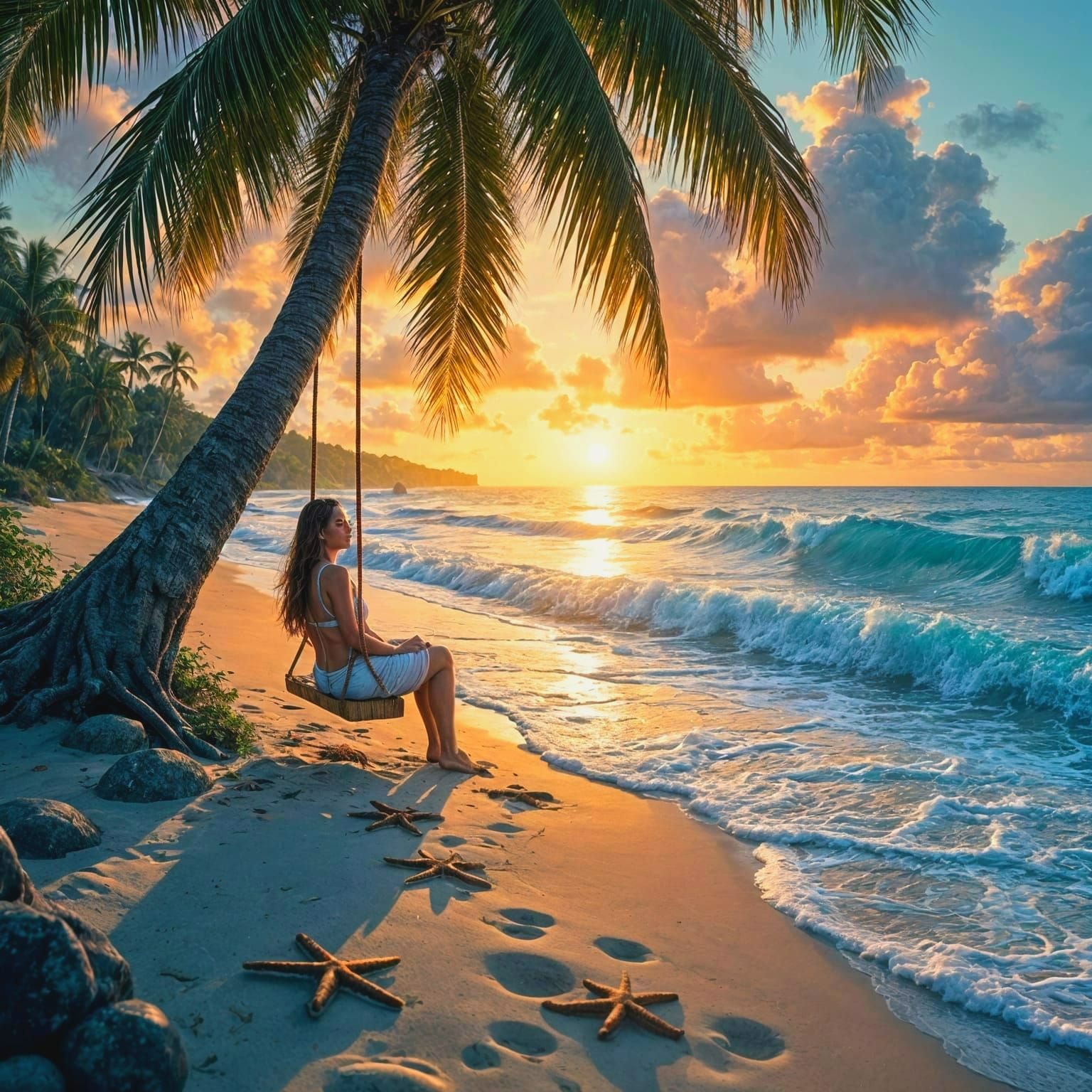 Tropical Island Beach Scene in Vibrant Sunset Colors