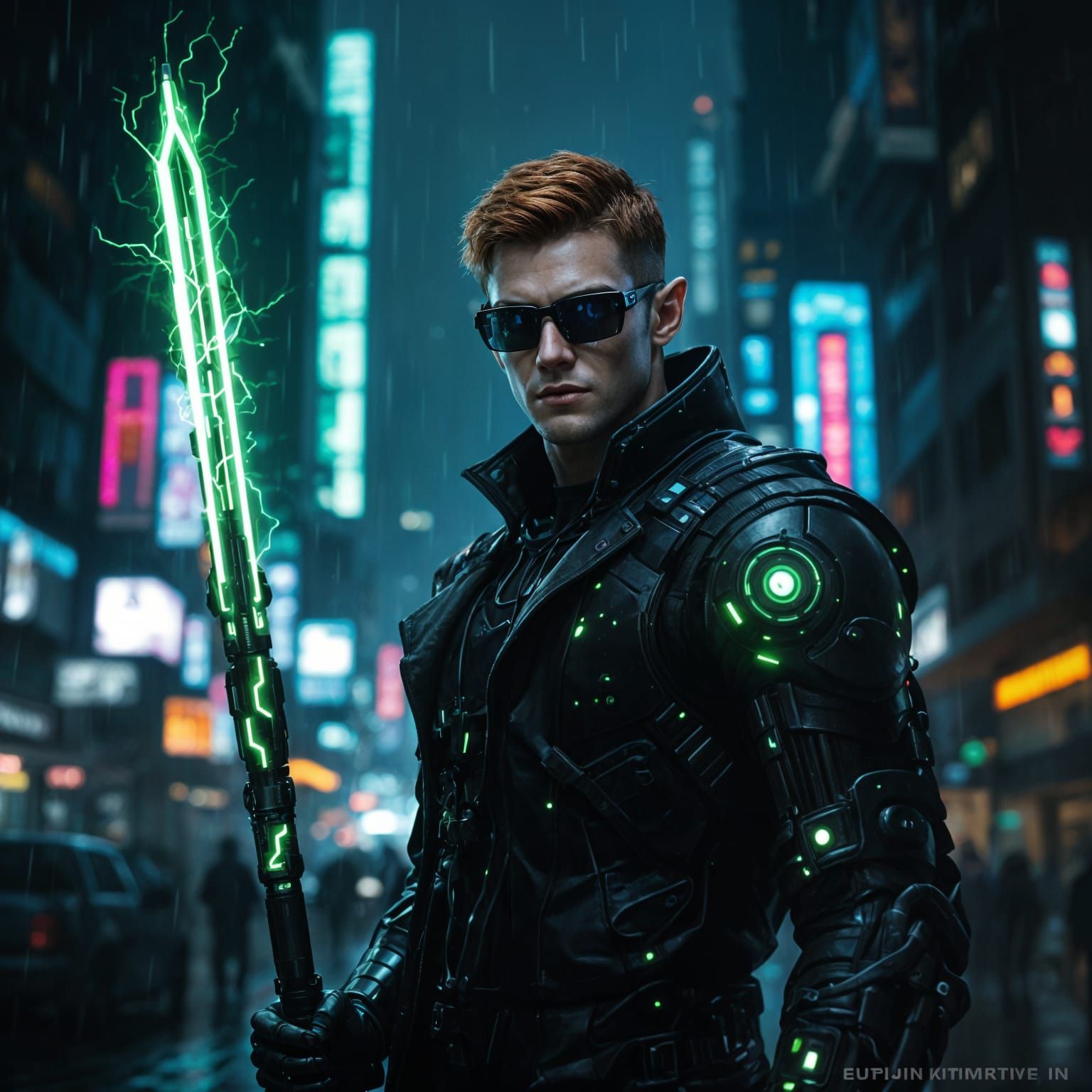 Cyberpunk Warrior Emerges in Neon-Lit Metropolis