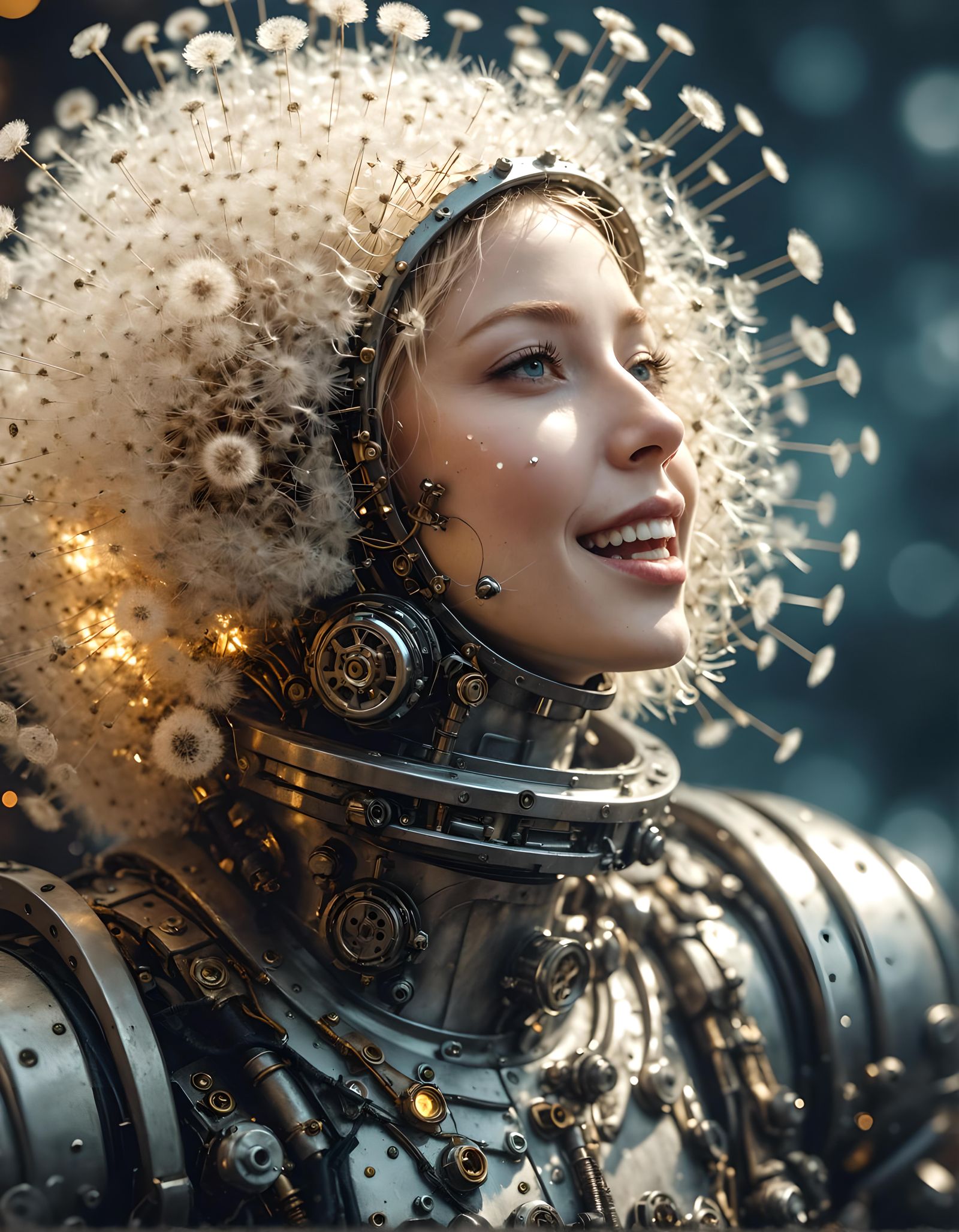 Steampunk Dandelion Engine with Albino Astronaut Girl