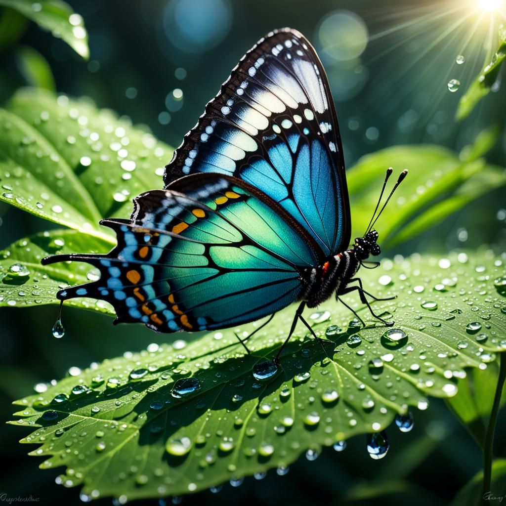 Detailed Macro Butterfly with Dewdrops in Natural Sunlight