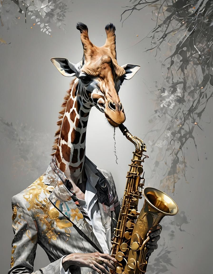 Giraffe Plays Saxophone in Expressionist Digital Art