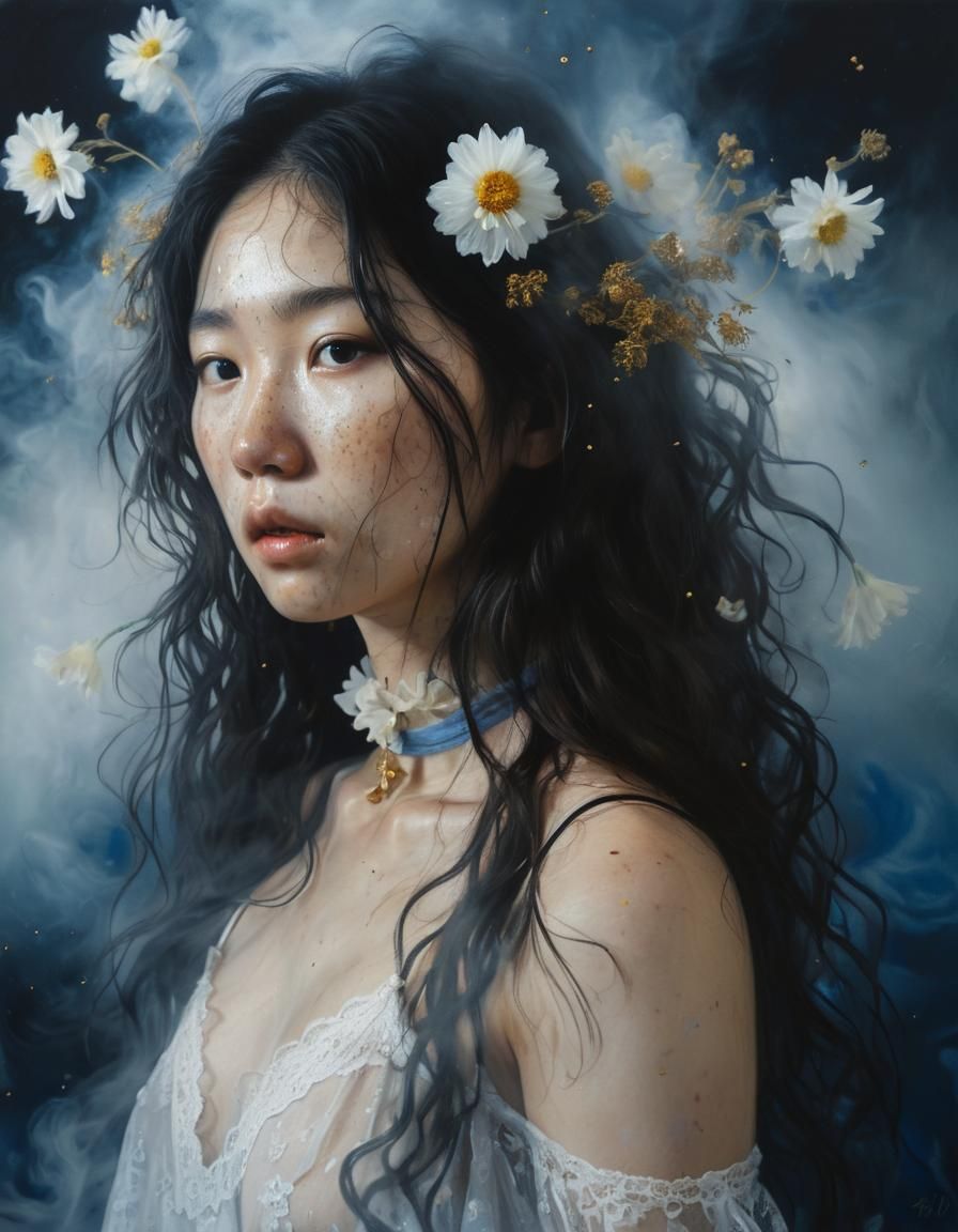 Surreal Oil Portrait: Korean Woman in Mist