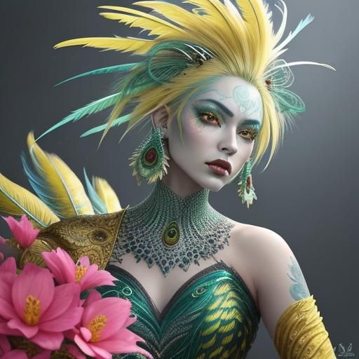 Hyperrealistic Dragon Peacock Woman in Dramatic Light