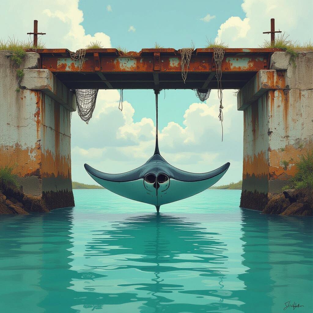 Giant Stingray Glides Under Rustic Bridge