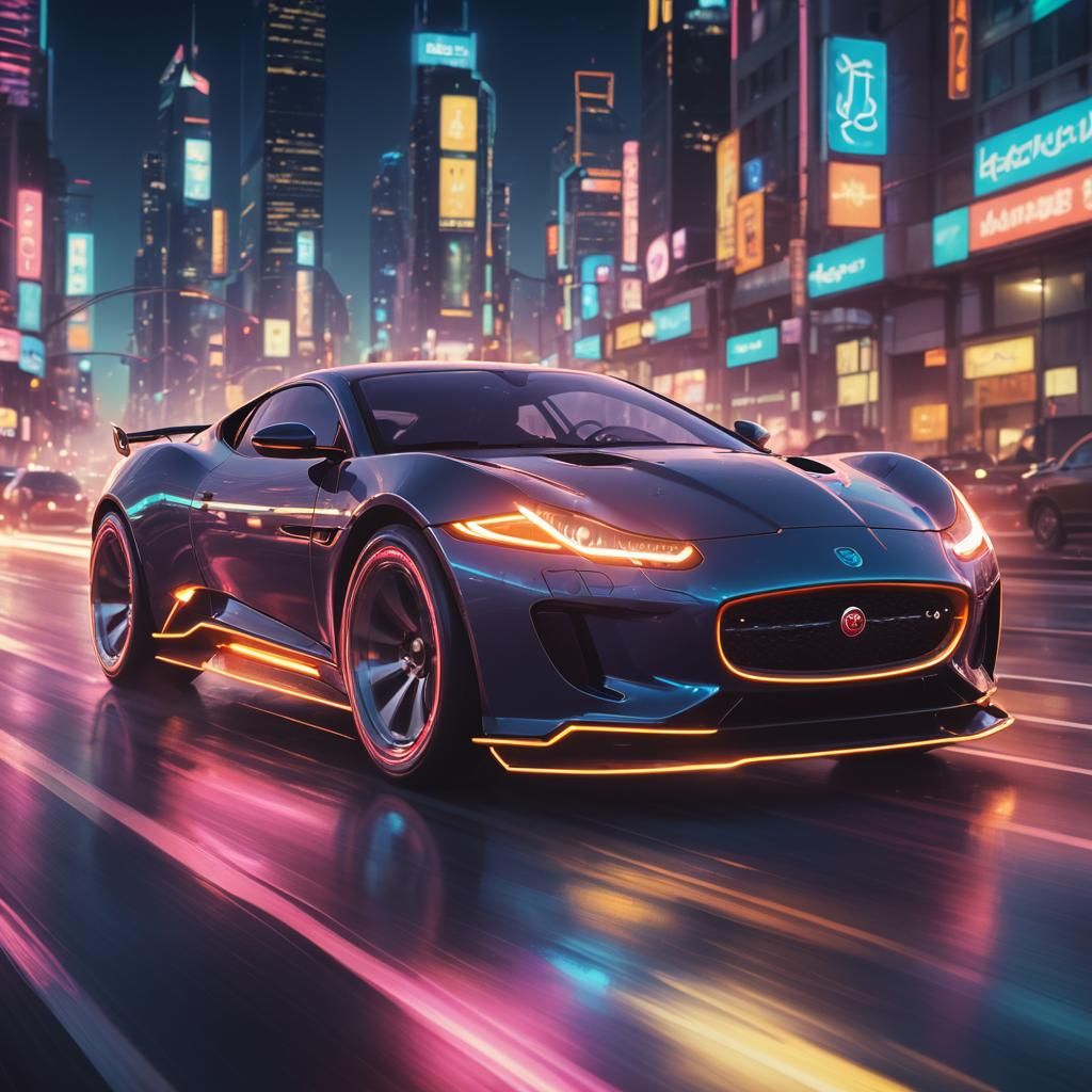 Cyberpunk Jaguar Hotrod Speeds Down Neon Highway