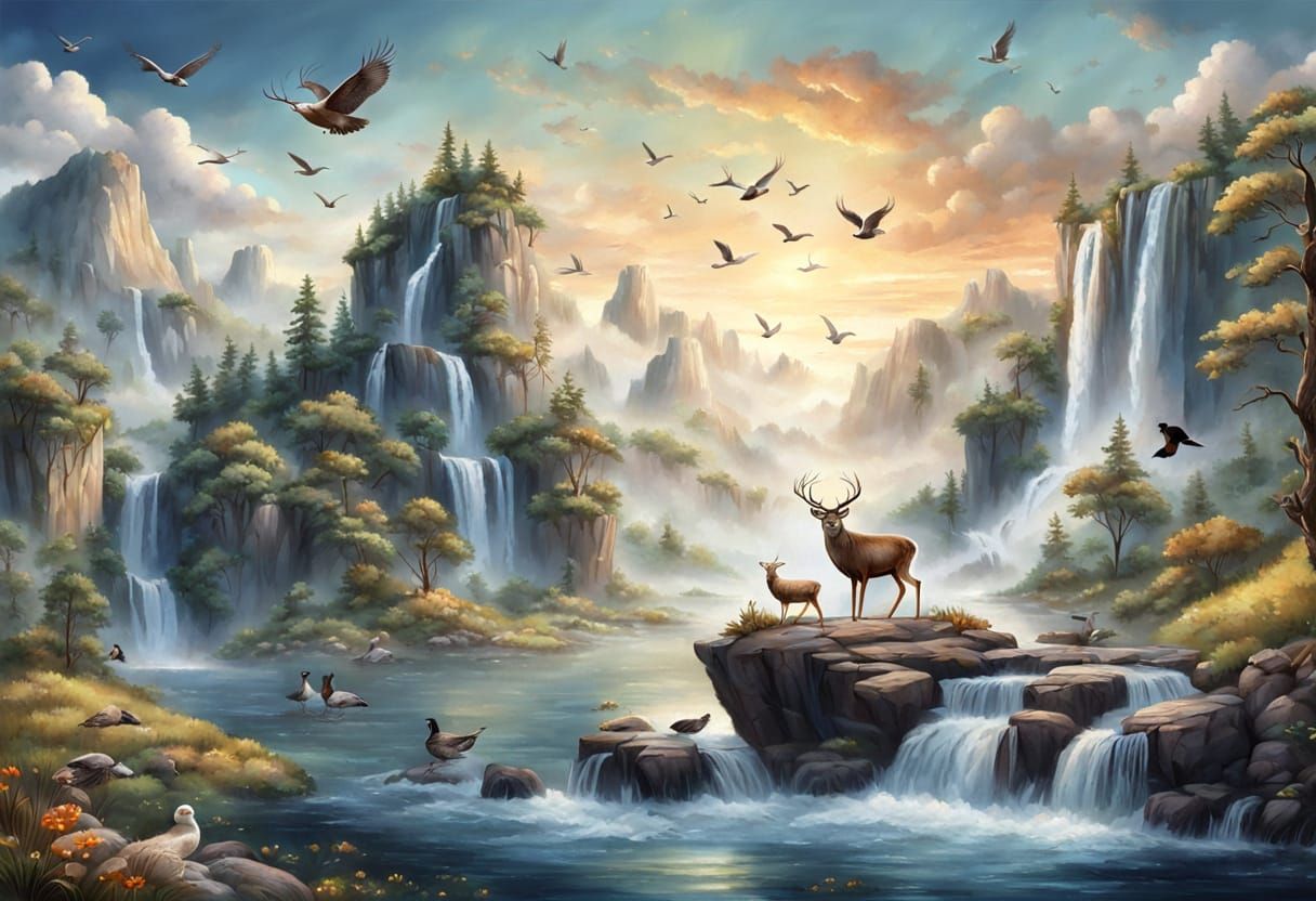 Whimsical Scene of Nature and Wildlife in Vibrant Watercolor...