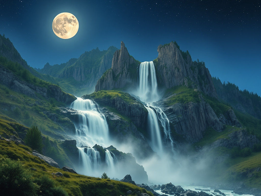 Moonlit Waterfall in Mountain Landscape: Photorealistic Imag...