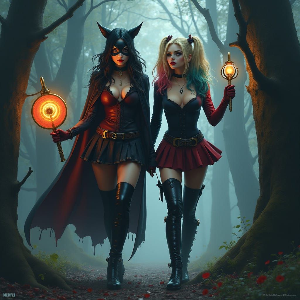Surreal Vampire Hunters in Dark, Mystical Forest with Hypnot...