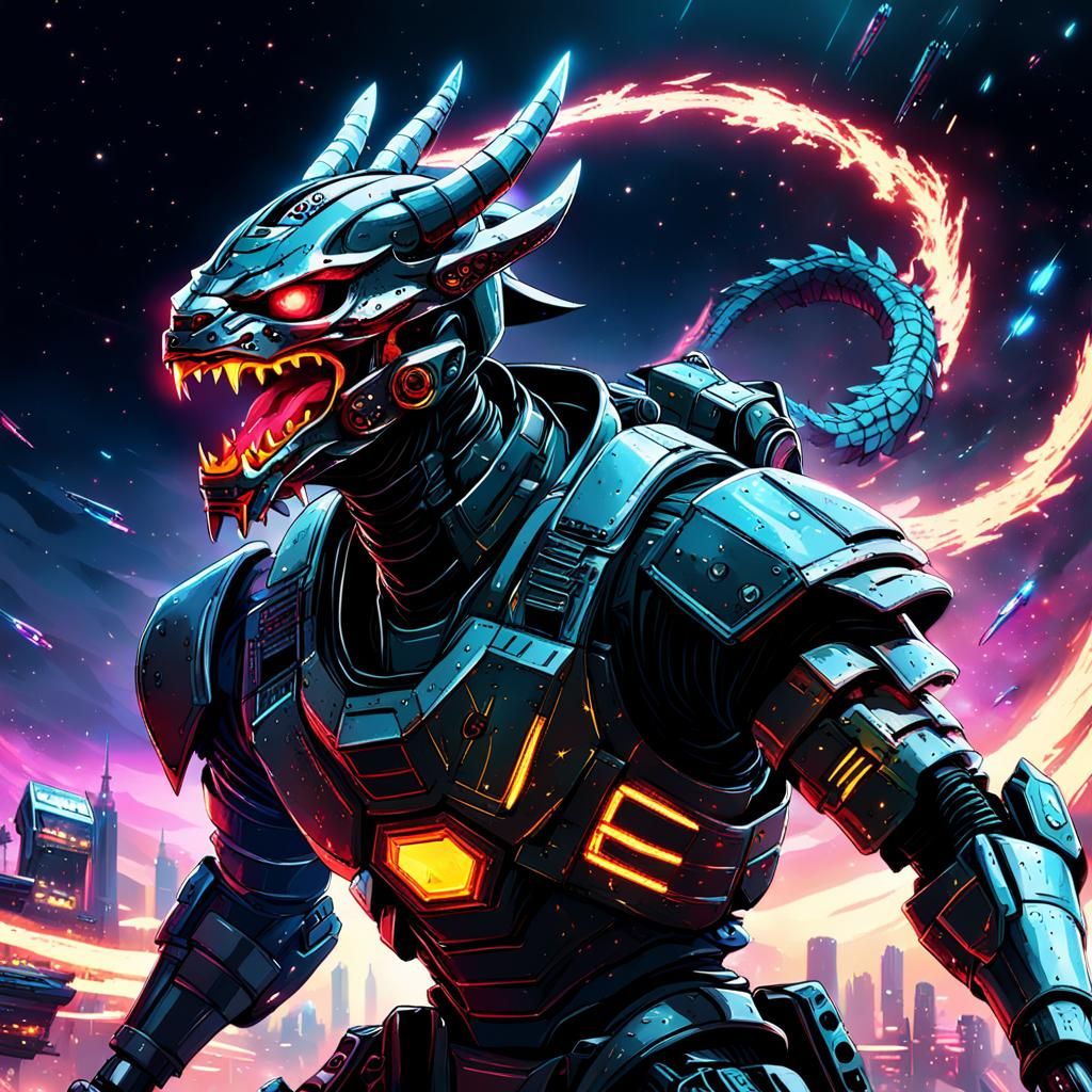 Cyberpunk Robot Ninja vs Space Dragon