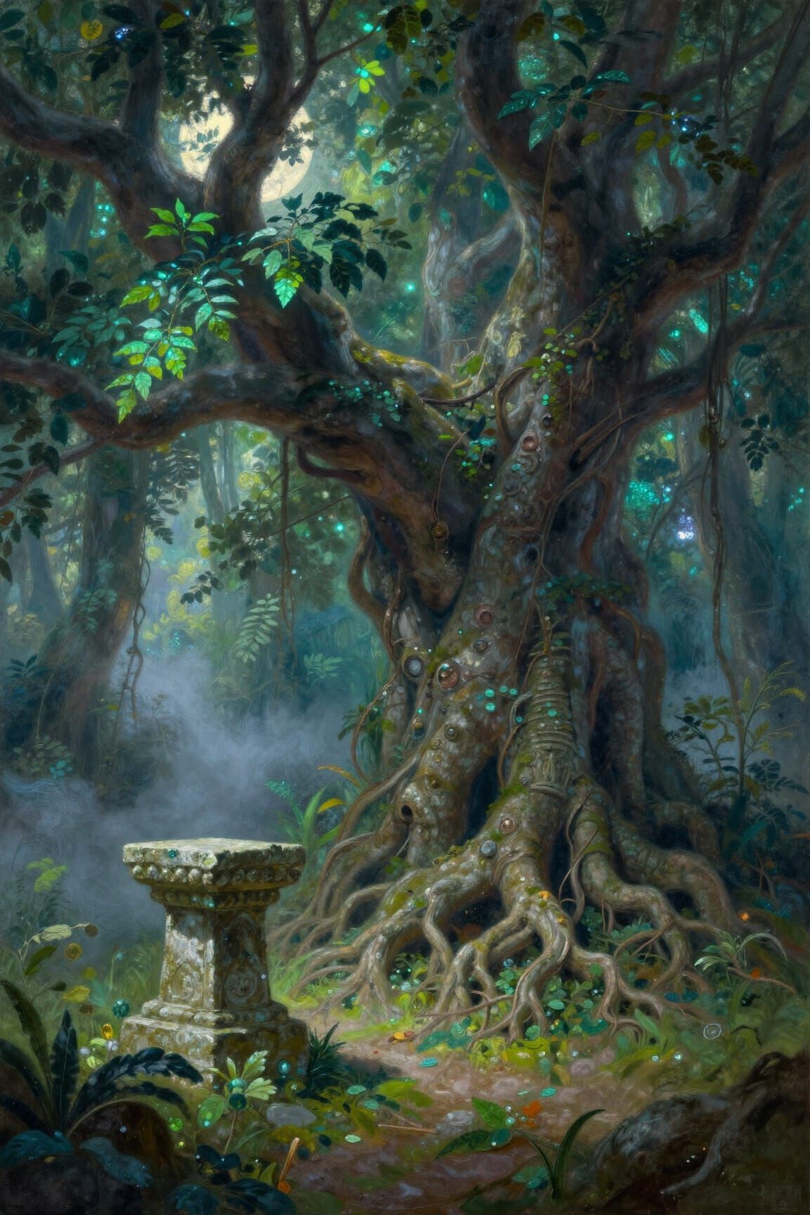 Ancient Bioluminescent Tree and Stone Altar