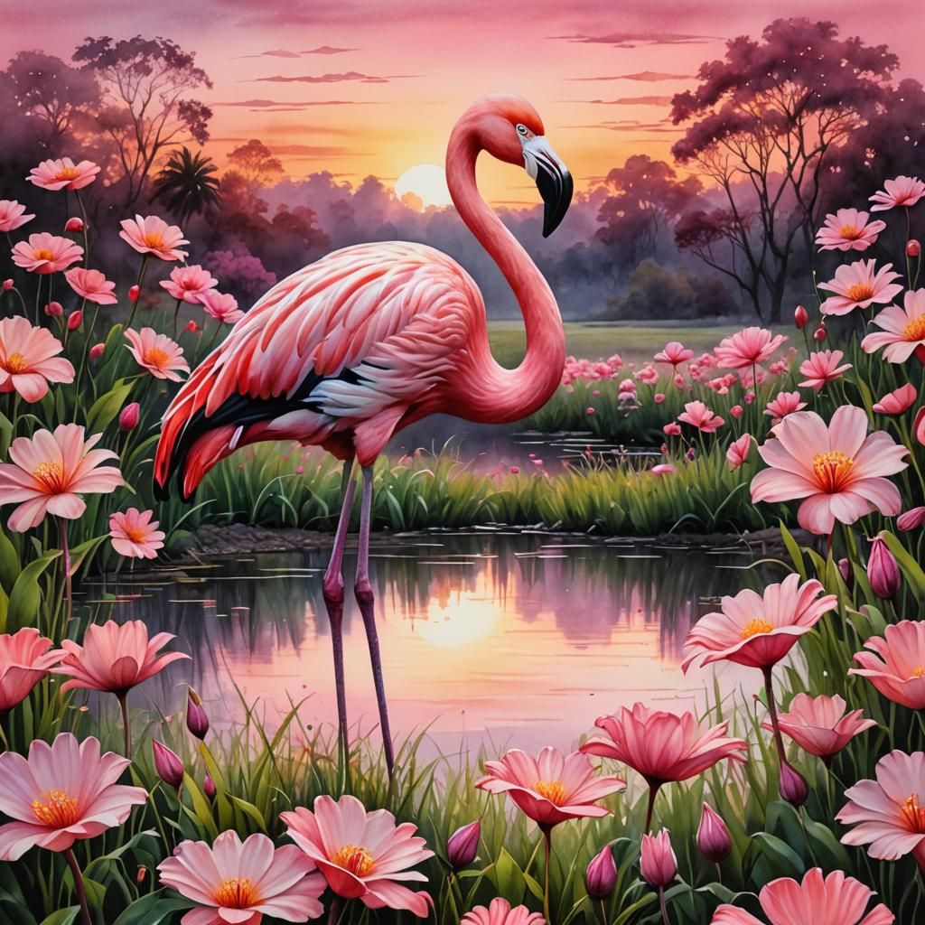 Pink Flamingo in Pink Flower Field: Watercolor Art